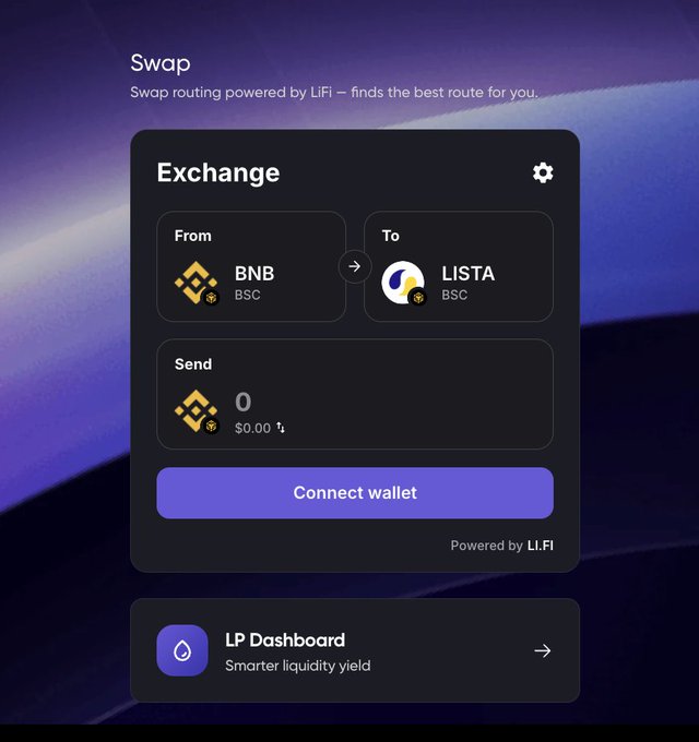 The image features a screen shot of a laptop displaying a webpage about swapping tokens for cryptocurrency. The title of the webpage reads "Swap x @lifiprotocol : Cross-chain Swapping Now Live Swap nearly any token listed token on BNCHAIN one-click cross-chain entry into Lista ecosystem assets Aggregated routing across 20+ DEX aggregators Swap now: lista.org/swap?utm_sourc". The main focus of the image is the central text, which describes a service that allows users to trade cryptocurrency using a specific Exchange Protocol. This service enables users to quickly and easily swap tokens for any desired currency on a cross-chain network like Bitcoin Cash or Litecoin.