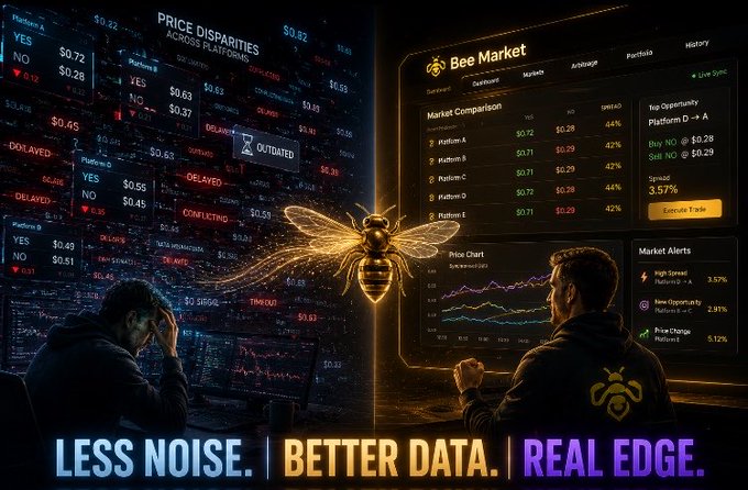 A futuristic scene shows two men at computer terminals analyzing market data screens, with a glowing bee hologram in the center, overlays like 'OUTDATED' and 'DELAYED,' and the tagline 'LESS NOISE. BETTER DATA. REAL EDGE.'