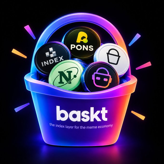 A promotional graphic for 'baskt - the index layer for the meme economy' featuring a colorful bucket filled with crypto-themed tokens including PONS, INDEX, and others.