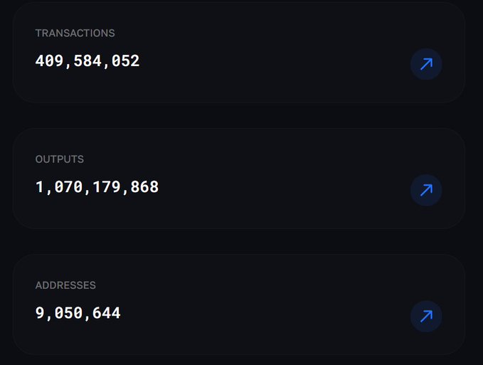 A dashboard displaying cryptocurrency statistics: 409,584,052 transactions, 1,070,179,868 outputs, and 9,050,644 addresses.