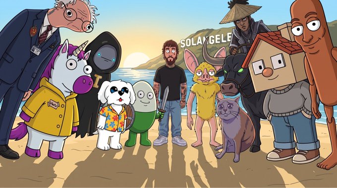 A cartoon-style group of characters—including an anthropomorphic unicorn, a samurai, a house-headed figure, a hot dog, and a humanoid egg—pose together on a beach at sunset with the text "SOLANGELES" displayed behind them, mirroring the post's theme of $SolAngeles uniting diverse communities under one coin led by @aibaldking.