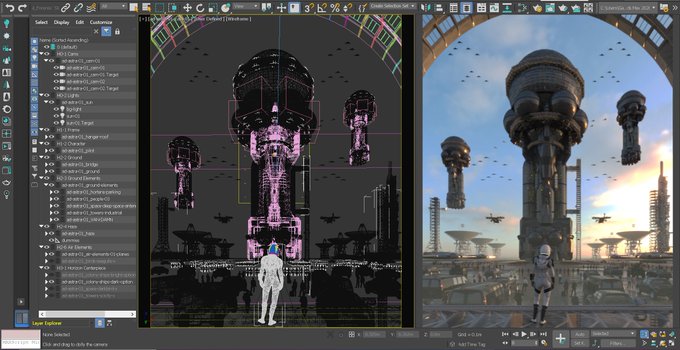 A 3D modeling software interface showing a sci-fi scene with futuristic towers and a character, displayed in both viewport and rendered views.