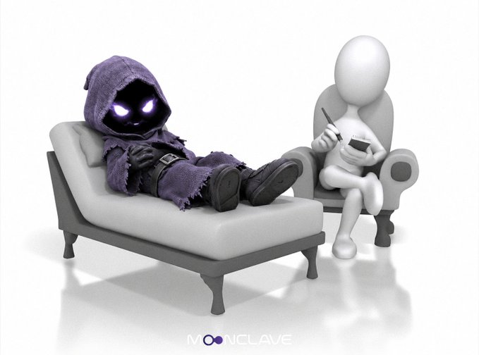 A 3D-rendered image showing a small figure in a purple hooded robe with glowing white eyes lying on a therapist's couch, with a featureless white figure sitting in a chair taking notes; the 'MOONCLAVE' logo appears at the bottom.
