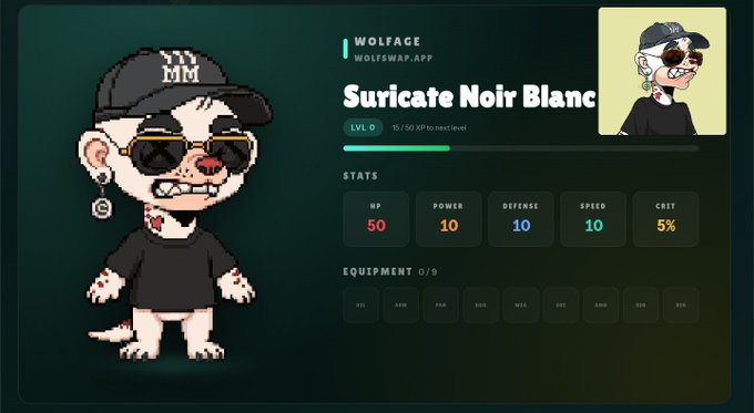 A profile screen from Wolfage (wolfswap.app) showcases the NFT character "Suricate Noir Blanc," a stylish meerkat wearing a black cap with "MM" branding, sunglasses, an earring, and a black shirt. The character is at Level 0 (15/50 XP to next level) with base stats of 50 HP, 10 Power, 10 Defense, 10 Speed, and 5% Crit, and all 9 equipment slots empty — matching the poster's excitement about just hatching their first MadMeerkatNFT on Wolfage.