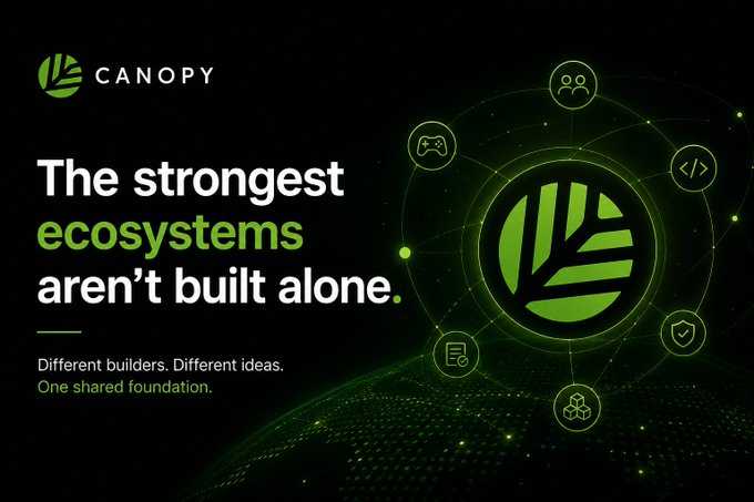 A promotional graphic for "CANOPY" with the text "The strongest ecosystems aren't built alone." and "Different builders. Different ideas. One shared foundation." alongside interconnected circular icons.