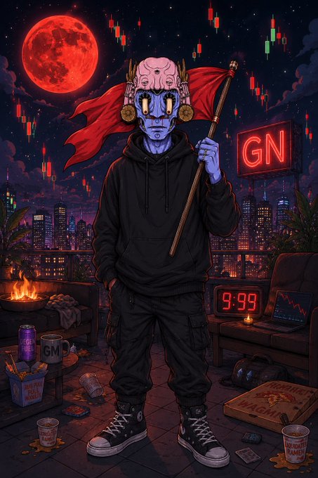 Stylized digital artwork featuring a blue-skinned character with a red mask and red cape standing on a rooftop at night with a large red moon, holding a staff, surrounded by financial chart elements and "GN" and "9:99" displays.