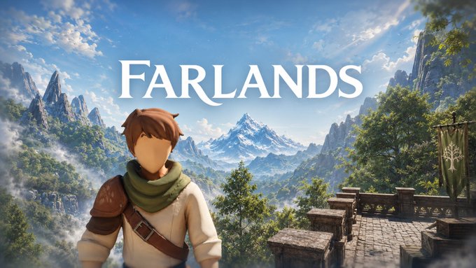 The image shows promotional artwork for "FARLANDS," featuring a stylized 3D character with brown hair, a green scarf, and leather shoulder armor standing before a sweeping fantasy landscape of mountains and ancient stone architecture, with the title displayed prominently in white text. This appears to be marketing for the Farlands virtual world, likely tied to a paid promotion offering 27 USDT for engagement and follows on Twitter.