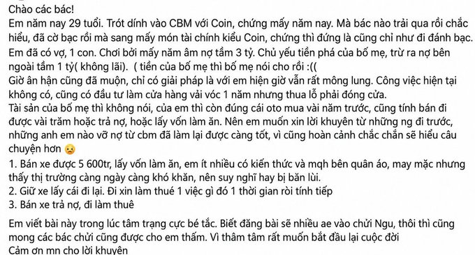 A personal letter in Vietnamese addressed to 'các bạc' (fellow investors), explaining a difficult situation of losing 10 billion VND in a month to a casino/market after a tough year of losses, asking for help and offering to sell belongings to pay back debts.