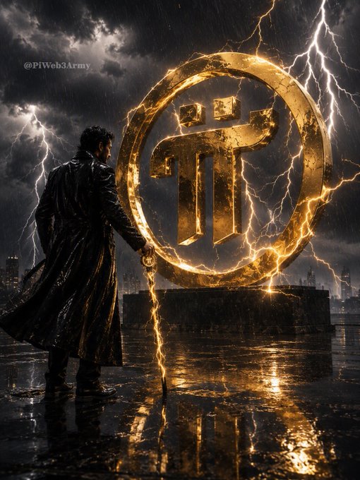 A dramatic dark illustration showing a figure in a long coat standing before a glowing golden Pi (π) cryptocurrency symbol surrounded by lightning, with the watermark '@PiWeb3Army'.