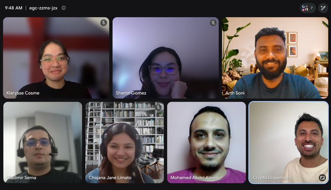 A Zoom meeting screenshot titled 'egc-zzms-jzx' shows a grid of seven participants including Klarysse Cosme, Sharon Gomez, Arth Soni, Vladimir Serna, Chajana Jane Limato, Mohamed AbdelAleem, and 'Crypto Dispensors'.