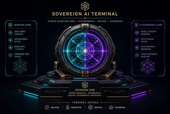 A futuristic sci-fi interface labeled 'SOVEREIGN AI TERMINAL' featuring a glowing quantum core sphere, with side panels for 'QUANTUM LAYER' and 'AI SOVEREIGNTY LAYER' showing various technical specs.