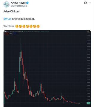 The image contains a Twitter post by Arthur Hayes which references a chart displaying the upward trend of cryptocurrency values at 20%. The post mentions that "WLD jumped over" to the red part of the chart, indicating the price had increased above its previous low point. Another quote is included in the message for added context and emphasis on the trading momentum in this AI-driven market cycle.