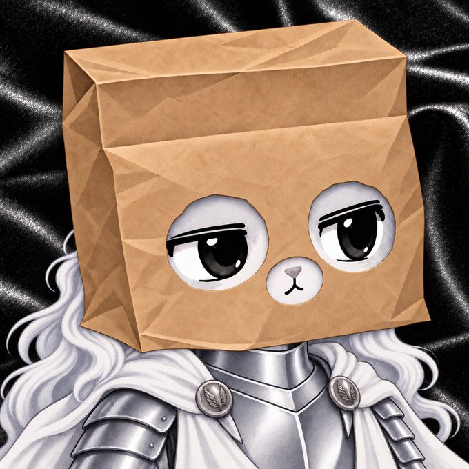 An illustration of a character wearing a knight's armor and white cape with a brown paper bag over their head featuring cute anime-style eyes and a small bear mouth.