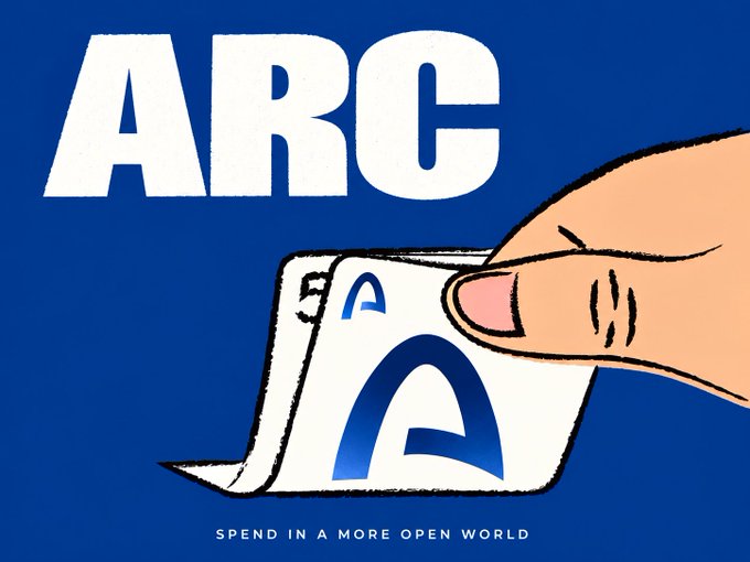 A promotional graphic for 'ARC' displays a hand peeling back a corner of paper to reveal a blue logo, accompanied by the tagline 'SPEND IN A MORE OPEN WORLD'.
