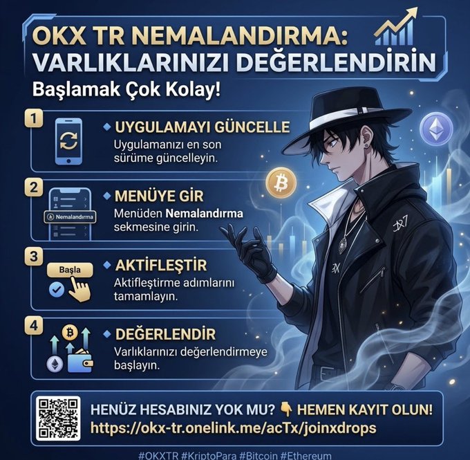 This infographic promotes OKX TR's new staking feature with an anime-style character in a fedora beside four numbered steps in Turkish: 1) update the app, 2) navigate to the staking menu, 3) complete activation, and 4) begin valuing/staking assets like Bitcoin (₿) and Ethereum (Ξ). It aligns with the post by illustrating each listed step visually, accompanied by Bitcoin, Ethereum, and growth chart icons, plus a QR code and signup link (okx-tr.onelink.me/acTx/joinxdrops) at the bottom for new users.