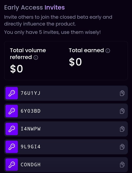 A dark-themed app interface titled 'Early Access Invites' showing five referral codes (76U1YJ, 6Y03BD, I4NWPW, 9L9GI4, CONDGH) with $0 in total volume referred and earned.