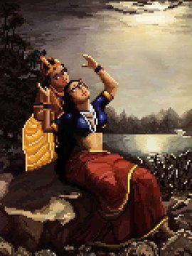 A pixelated digital illustration depicting two figures in traditional Indian attire posed on a rocky shore under a full moon, with a lotus flower nearby.
