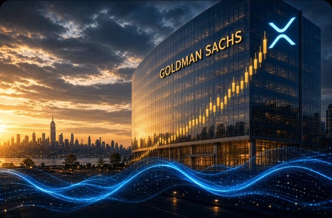 The image shows the Goldman Sachs building at sunset with an "XRP" logo and a rising candlestick chart overlay, alongside glowing blue digital waves. Combined with the post, it visually reinforces the claim of Goldman Sachs holding $87.4 million in spot XRP ETFs as the largest institutional holder on Wall Street.