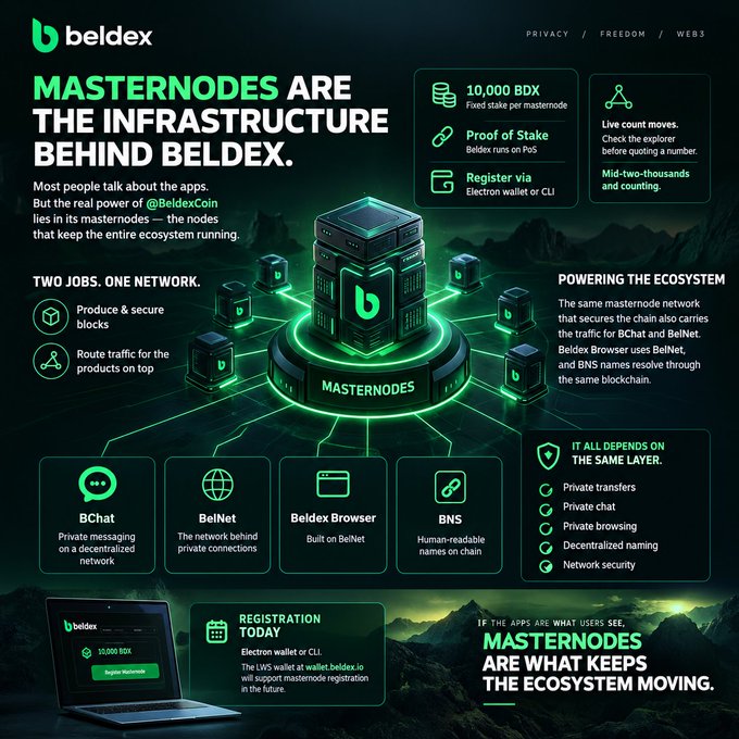 A Beldex cryptocurrency promotional graphic titled 'MASTERNODES ARE THE INFRASTRUCTURE BEHIND BELDEX,' detailing the network's features including BChat, BelNet, Beldex Browser, and BNS.