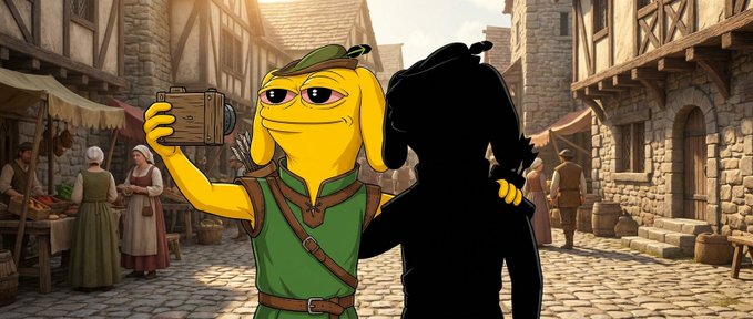 The image features a cartoon frog character dressed as a medieval archer holding a treasure chest, standing in a bustling village alongside a silhouetted hooded figure. The scene ties into the $10 SOL giveaway by evoking a fantasy quest theme, urging viewers to "engage the quoted" and drop their addresses for a chance at the prize.