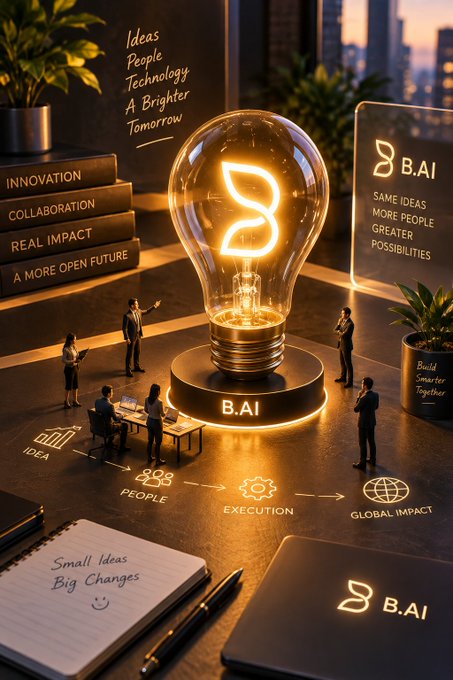 A promotional graphic for "B.AI" showcases a glowing lightbulb with a stylized logo filament, surrounded by people, books labeled "INNOVATION, COLLABORATION, REAL IMPACT, A MORE OPEN FUTURE," and text emphasizing "Ideas People Technology A Brighter Tomorrow."