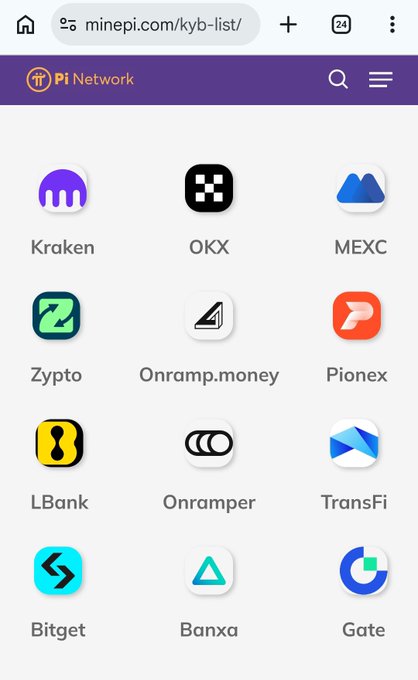 The image shows a "Pi Network" KYC/KYB list webpage displaying logos of various cryptocurrency exchanges and platforms that have completed KYB (Know Your Business) verification, including Kraken, OKX, MEXC, Zypто, Onramp.money, Pionex, LBank, Onramper, TransFi, Bitget, Banxa, and Gate.

This visually supports the post's claim about "12 real KYB contracts," showcasing some of the legitimate exchanges integrated with the Pi Network ecosystem where users can trade or use their Pi cryptocurrency after completing KYC verification.