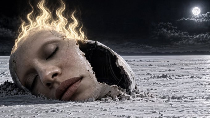 A surreal digital artwork depicting a cracked, lifelike human head resting in a barren desert landscape, with golden flames emerging from the top of the skull beneath a moonlit sky.