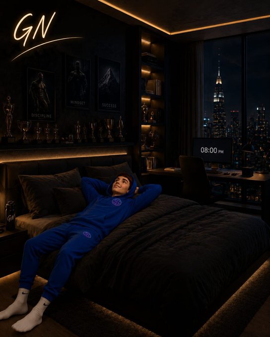 A person in a blue tracksuit relaxes on a dark bed in a modern high-rise bedroom with a glowing "GN" neon sign, framed motivational posters reading "DISCIPLINE," "MINDSET," and "SUCCESS," a city skyline featuring the Empire State Building, and a clock displaying "08:00 PM" alongside trophies lining the shelves. The "GN" sign and 8:00 PM time visually reinforce the goodnight post, while the trophy collection symbolizes the goals the author mentioned crushing before $STKR's 30 million token burn.