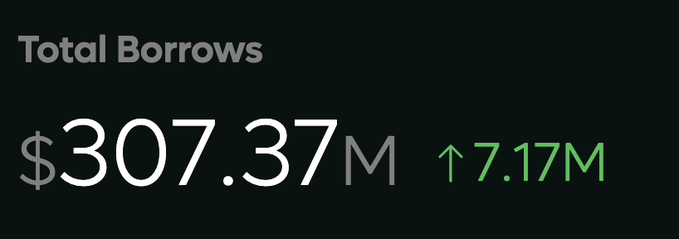 A financial dashboard displays 'Total Borrows' of '$307.37M' with a green upward arrow indicating '7.17M' increase.
