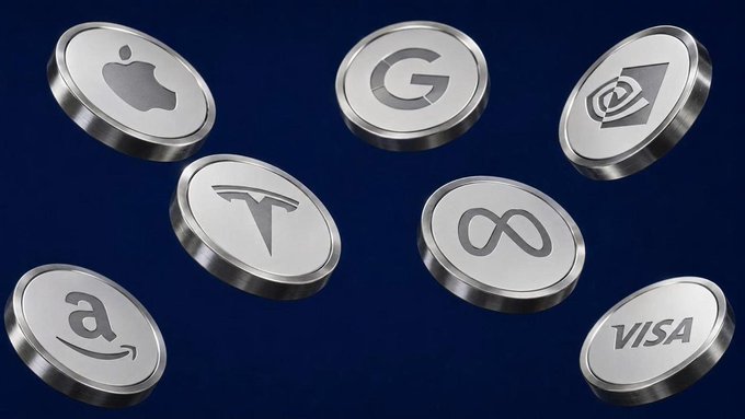 Silver coins branded with the logos of major companies—Apple, Google, Nvidia, Tesla, Meta, Amazon, and Visa—float against a dark blue background, visually representing the tokenized stocks referenced in the post about off-hours trading on blockchains like BNB Chain, Solana, and Base.