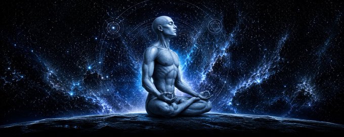 A luminous, muscular humanoid figure sits in a meditative lotus pose against a vast cosmic backdrop of swirling blue nebulae and stars, with faint geometric circles glowing behind the head. The image evokes the post's theme of stillness and potential amidst volatility—mirroring how $YOURSELF is patiently meditating at a reset level, waiting for renewed cosmic attention to fuel its journey back toward the ambitious 10M target.