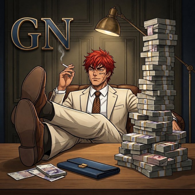 The image features a man sitting at a desk, smoking a cigarette with his feet propped up above him. The desk also has a wallet next to some stacks of cash on top. In the background, there's an illustration depicting a person sitting in front of a desk filled with stacks of money. There is text that reads "GN" and "Good night creators". The overall theme suggests a connection between the man smoking at his desk and the creation of new digital wallets or payment systems as indicated by the "GN" label, which might be related to the broader implication being discussed in the accompanying post about Web3's coordination layer for easier chains.