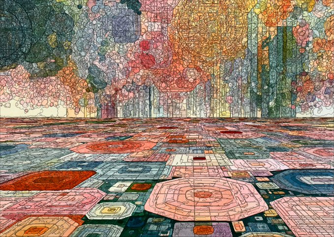 A vibrant abstract digital artwork titled "Specular Cortex #49" by Eko3316, featuring intricate geometric patterns on the floor and colorful, bubble-like floral formations overhead, creating a dreamlike immersive landscape.