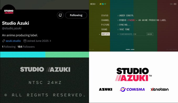 Twitter/X profile page for 'Studio Azuki' (@studio_azuki) described as 'An anime producing label,' joined June 2025 with 184 followers, alongside TV test pattern graphics showing the STUDIO/AZUKI NTSC 24HZ branding and a menu listing status as 'UNDER CONSTR.', channel as 'STUDIO //AZUKI - AN ANIME PRODUCING LABEL', and partnerships with Azuki, Comisma, and Xenotocon.