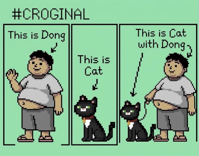 A pixel art meme with the hashtag '#CROGINAL' showing a character named Dong, a black cat with green eyes labeled as Cat, and both together in three panels.