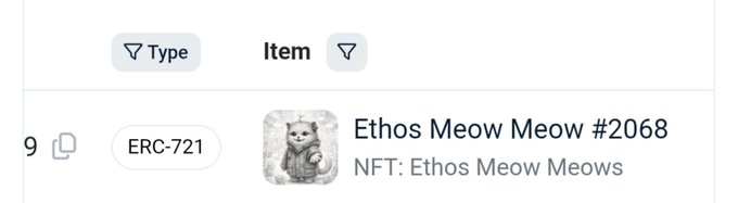 The image shows an OpenSea listing for "Ethos Meow Meow #2068," an ERC-721 NFT from the "Ethos Meow Meows" collection, which is being airdropped by @ethos_network to participants who selected NFTs in their Season 2 event. The post confirms these NFTs are now tradable on OpenSea at around 0.019 ETH.
