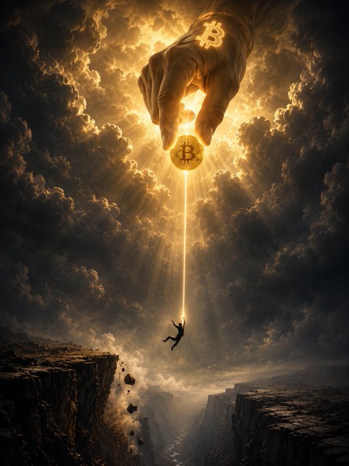 A divine hand descends from dramatic clouds, offering a glowing Bitcoin coin marked with its "₿" symbol to a figure dangling precariously over a deep chasm—a powerful visual metaphor for the post's message that choosing Bitcoin provides salvation and freedom, echoing the spiritual rescue implied by seeking divine wisdom.