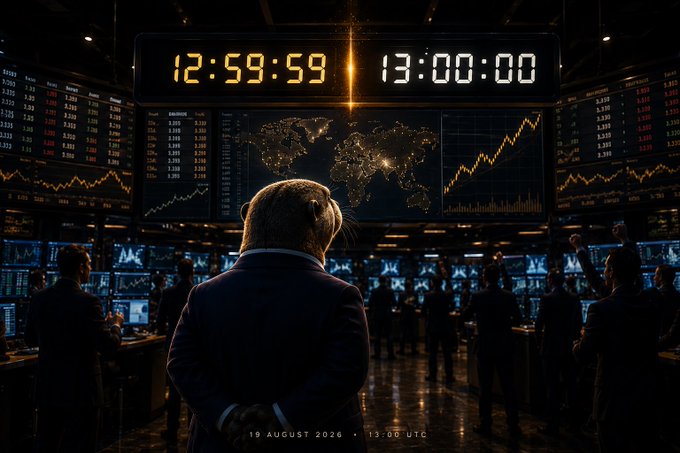 A digital seal in a suit stands before glowing stock exchange displays counting down from 12:59:59 to 13:00:00, with the timestamp "19 August 2024 · 13:00 UTC" visible at the bottom—symbolizing the pivotal moment of $GIBI's anticipated launch or significant announcement.