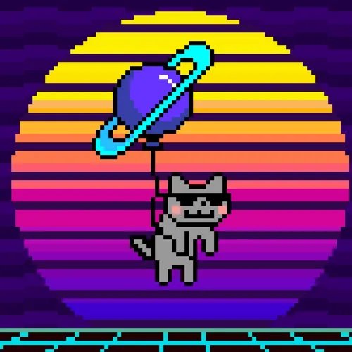 A pixel art illustration shows a small gray cat holding a balloon shaped like a ringed planet, set against a colorful striped sunset.
