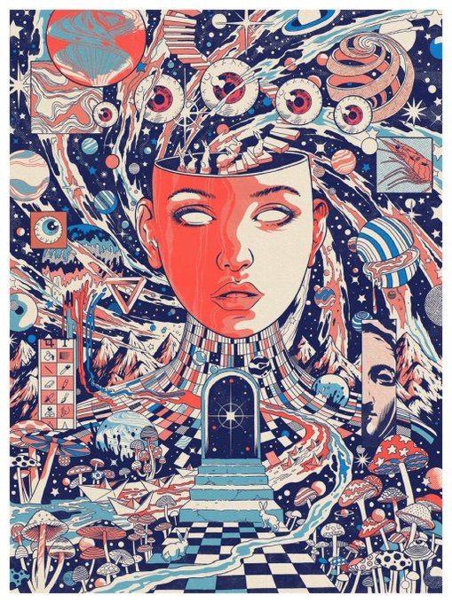 A vibrant psychedelic illustration featuring a central face with an open, hollow head filled with swirling space imagery, eyes, and mushrooms, set on a checkered floor leading to an arched doorway.