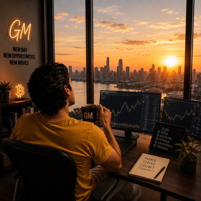 A person in a yellow shirt sits at a desk looking at cryptocurrency charts on dual monitors, holding a 'GM' mug, with a 'GM NEW DAY NEW OPPORTUNITIES NEW MOVES' neon sign and a city skyline at sunset in the background.