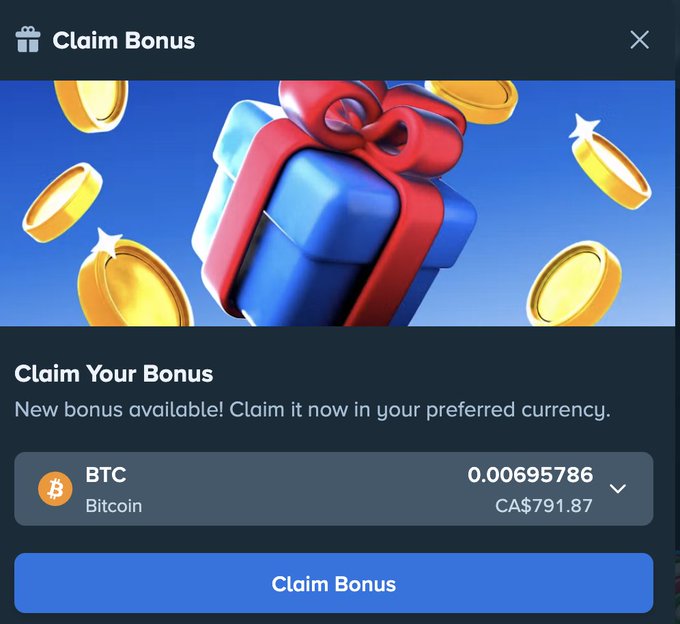 A "Claim Bonus" pop-up from Stake offers 0.00695786 BTC (CA$791.87) with a blue "Claim Bonus" button, matching the weekly bonus promotion referenced in the accompanying social media post.