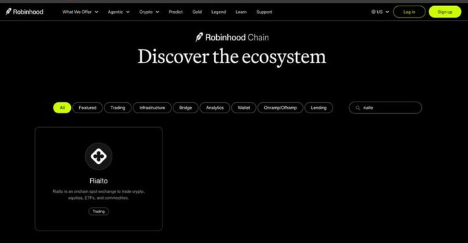 The image shows the Robinhood Chain ecosystem page featuring "Rialto," described as an onchain spot exchange for trading crypto, equities, ETFs, and commodities, tagged under the "Trading" category. This visually supports the post's speculation about Rialto potentially being Robinhood's official launchpad, with the page serving as the apparent source the user is referencing in their claim about $PLTS and $PONS.