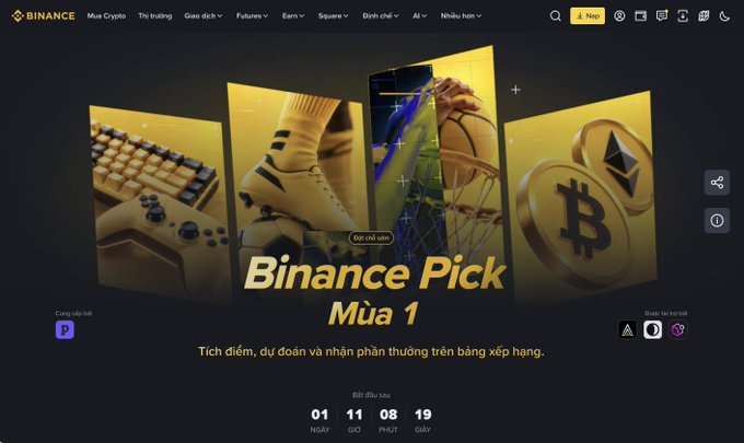 A screenshot of the Binance Vietnamese homepage promoting 'Binance Pick Mùa 1' with a countdown timer showing 01 days, 11 hours, 08 minutes, 19 seconds remaining.