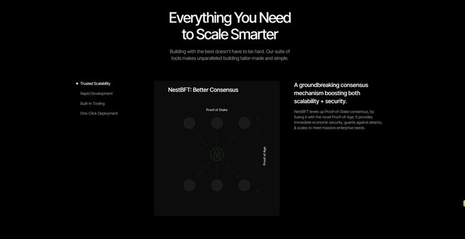 The image showcases a website page featuring a black background, a square white box containing text in green and gray, and several dots representing circles with different sizes. The overall design appears professional and clean. The image also highlights the importance of security for launching a blockchain like the one mentioned by @CNPYNetwork. 

The post emphasizes the significance of security when it comes to implementing a blockchain solution. It explains that NestBFT's network uses Proof-of-Stake combined with Proof-of-Age to enhance both scalability and trust within the system. The website page demonstrates an understanding of these concepts by providing specific details about how security contributes to the launch of this particular blockchain project.