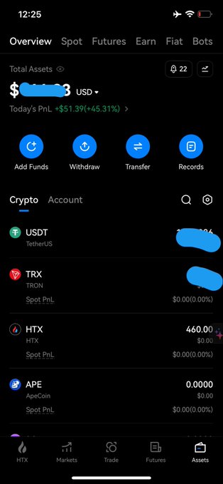 A screenshot of the HTX app in dark mode displaying an account overview with a Total Assets balance ending in "3 USD," today's PnL of +$51.39 (+45.31%), and holdings in USDT, TRX, HTX (460.00), and APE. The image supports the post by showcasing the highlighted +45.13% PNL achievement and the new dark theme feature.