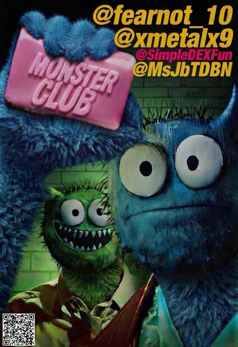 Monster Club promotional graphic featuring furry blue monster characters with handles @fearnot_10, @xmetalx9, @SimpleDEXFun, and @MsJbTDBN, plus a QR code.