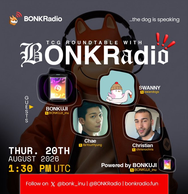 A promotional graphic for 'TCG ROUNDTABLE WITH BONKRadio', scheduled for 'THUR. 20TH AUGUST 2026 1:30 PM UTC', featuring guests 'SWANNY', 'BONKUJI', 'Chae', and 'Christian', powered by 'BONKUJI'.