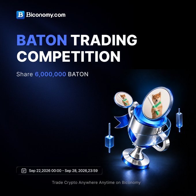 A promotional graphic for Biconomy.com's 'Baton Trading Competition' offering a share of 6,000,000 BATON tokens, running from September 22 to September 28, 2026, featuring a trophy with dog imagery.