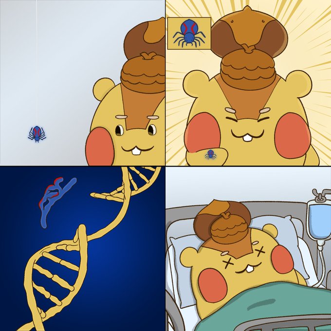 A four-panel comic shows a Pokémon-like creature discovering a spider: first spotting it, then trying to swallow it, then a DNA spiral suggesting it absorbed the spider's power, and finally lying dead in a hospital bed with X'ed-out eyes and an IV drip—humorously implying the character did something absurdly dangerous just to be featured in a playtest.